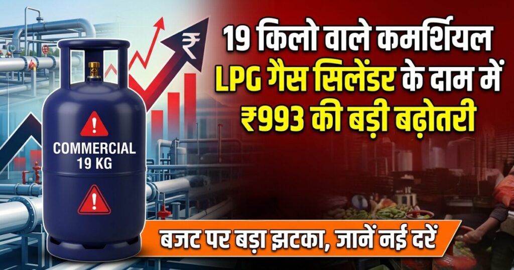 19 किलो वाले कमर्शियल LPG गैस सिलेंडर के दाम में ₹993 की बड़ी बढ़ोतरी कर दी गई है।