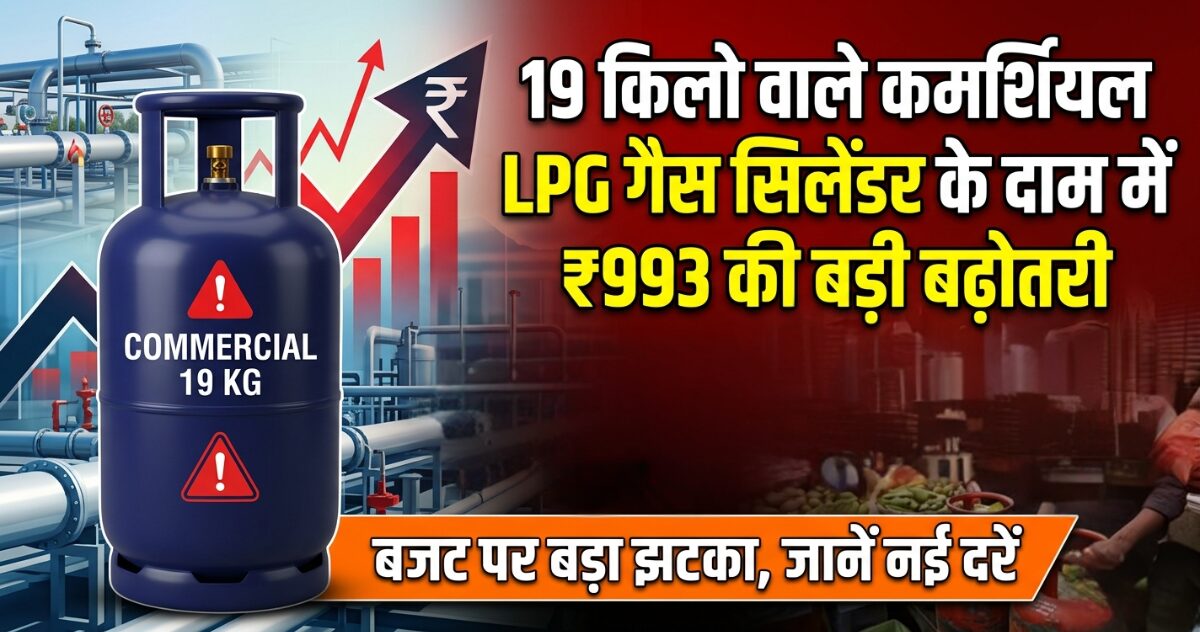 19 किलो वाले कमर्शियल LPG गैस सिलेंडर के दाम में ₹993 की बड़ी बढ़ोतरी कर दी गई है।